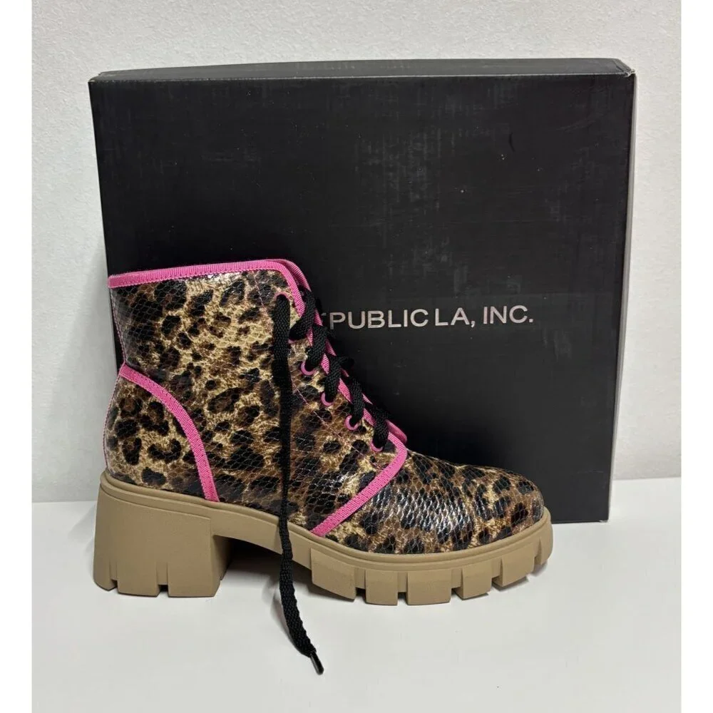 SHOE REPUBLIC / Husky / Leopard Print / Lace-Up / Chunky / Ankle / Boots With Pi